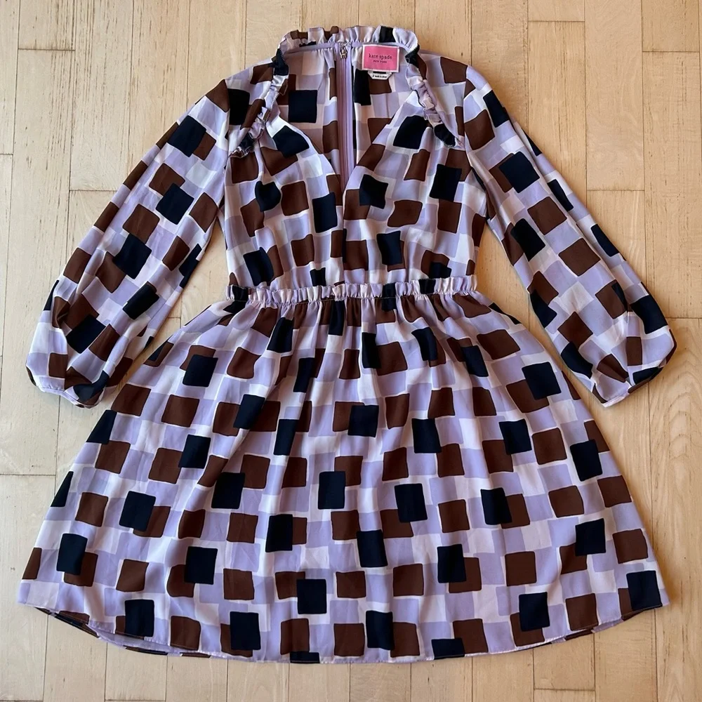 KATE SPADE NEW YORK Women’s Mini Dress Geo Squares Purple/Brown/Navy Size 2